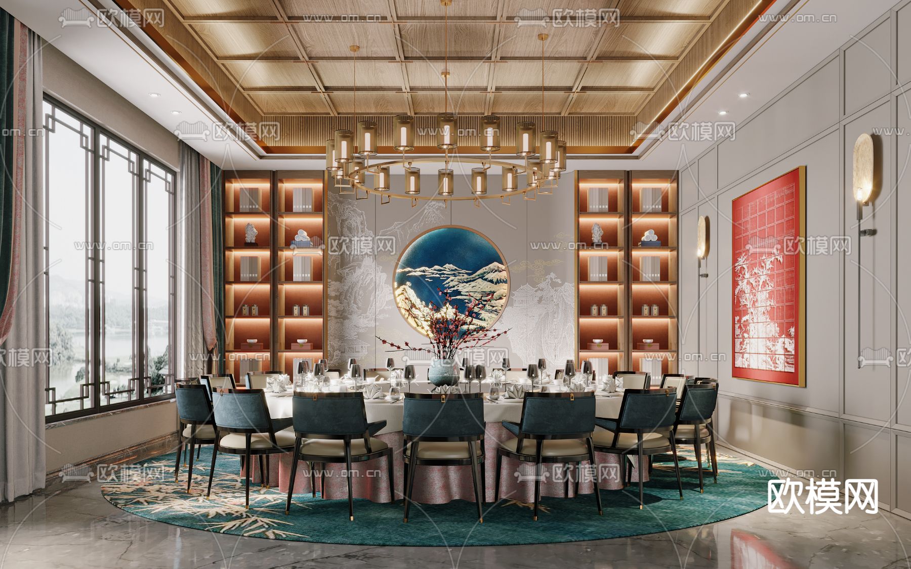 新中式包厢su模型下载（渲染图1）