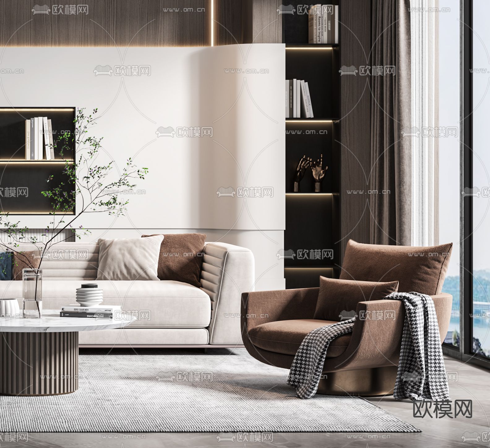 现代布艺转角沙发组合3d模型下载（渲染图2）