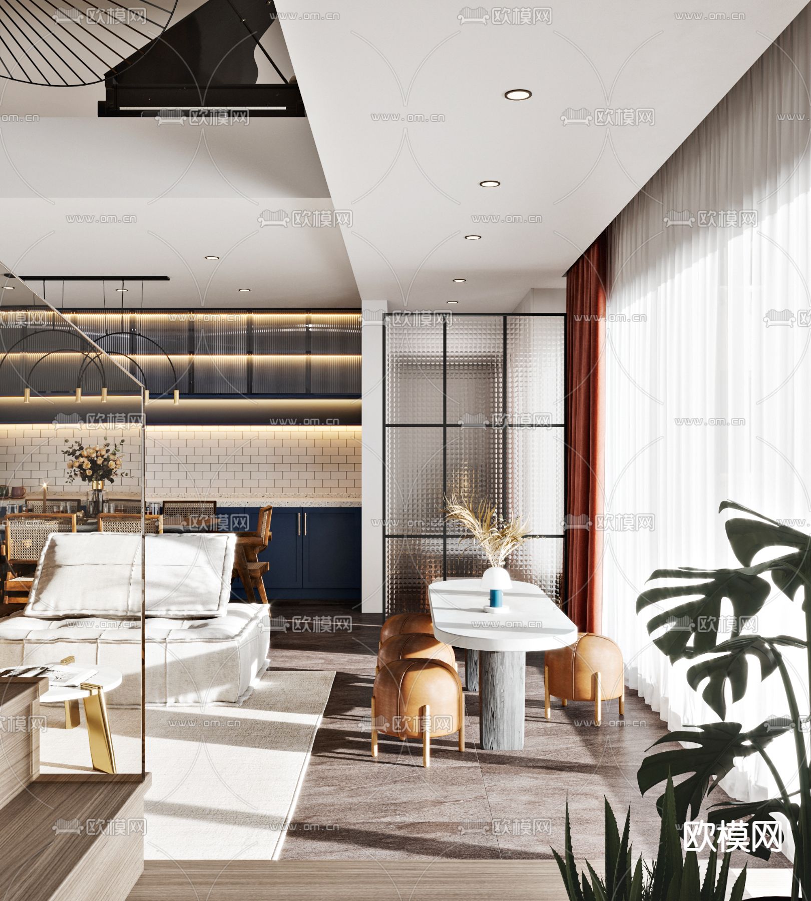 现代挑空别墅客餐厅3d模型下载（渲染图3）