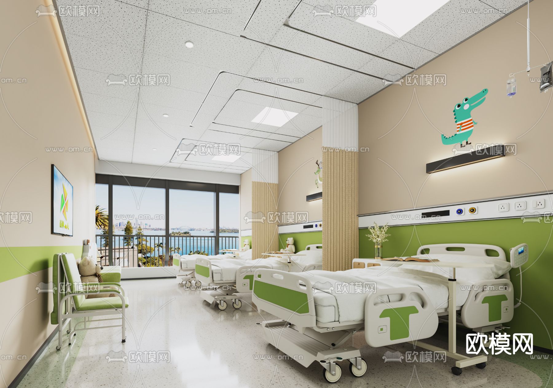 现代医院病房su模型下载（渲染图1）