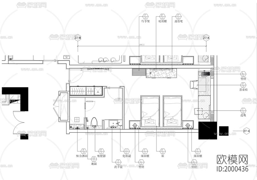 某酒店标准双床房cad施工图下载(渲染图1)
