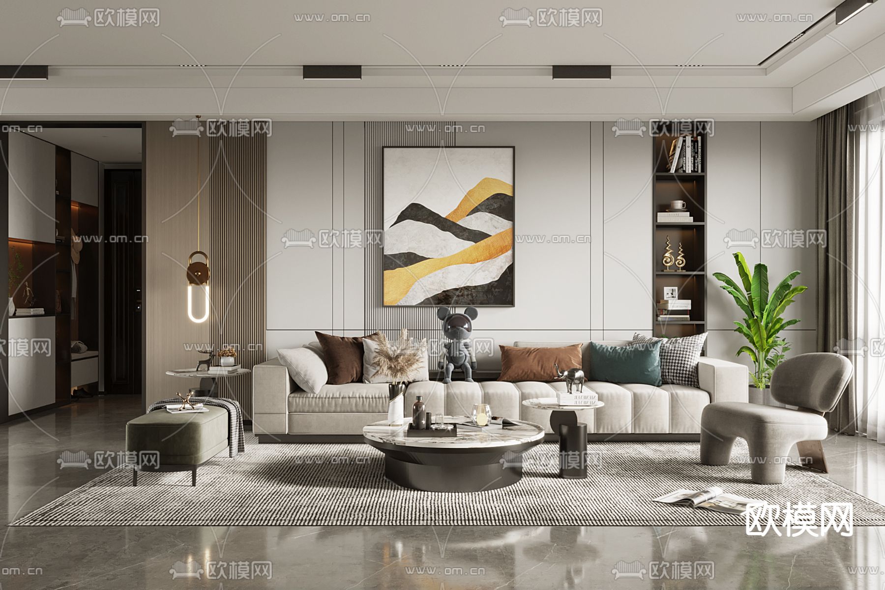 现代轻奢客厅3d模型下载（渲染图1）