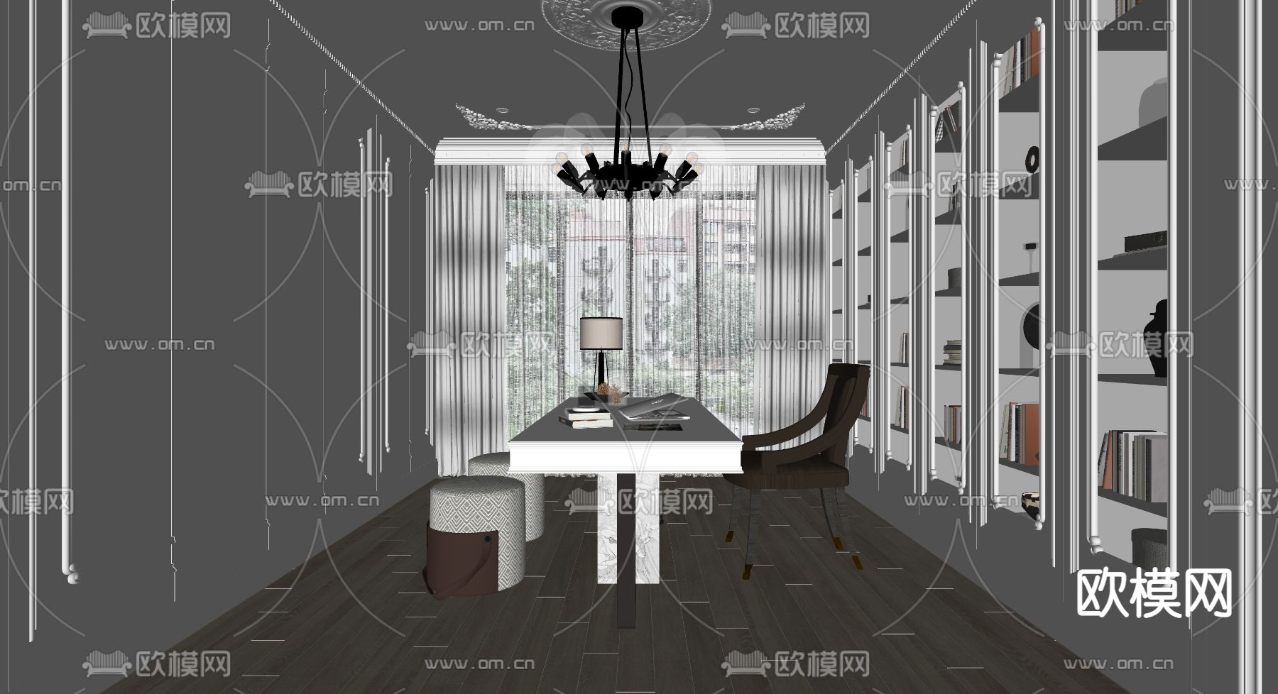 简欧书房su模型下载（渲染图2）
