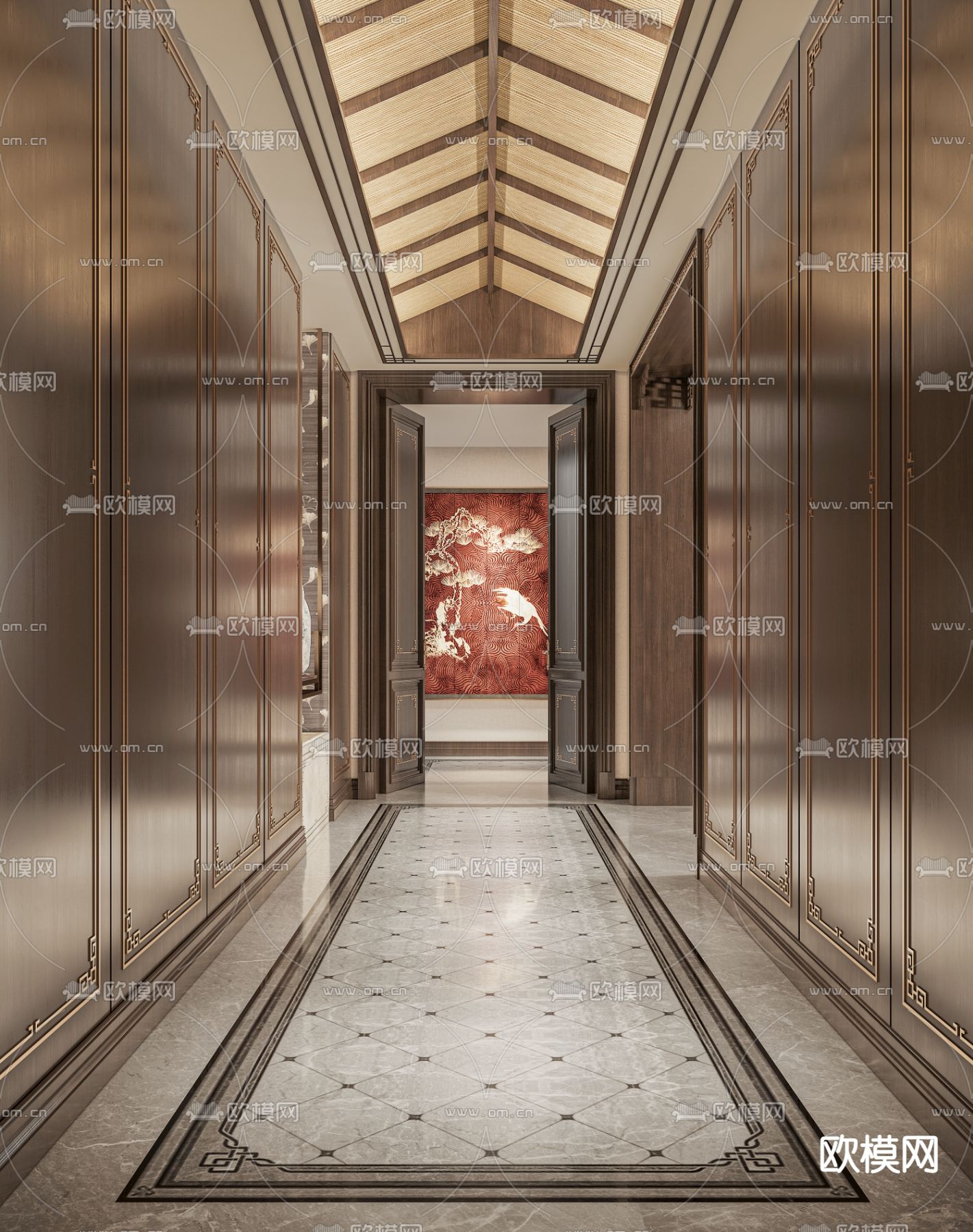 中式酒店走廊过道3d模型下载（渲染图1）