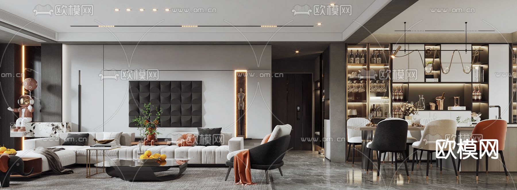 现代轻奢客厅餐厅3d模型下载（渲染图3）