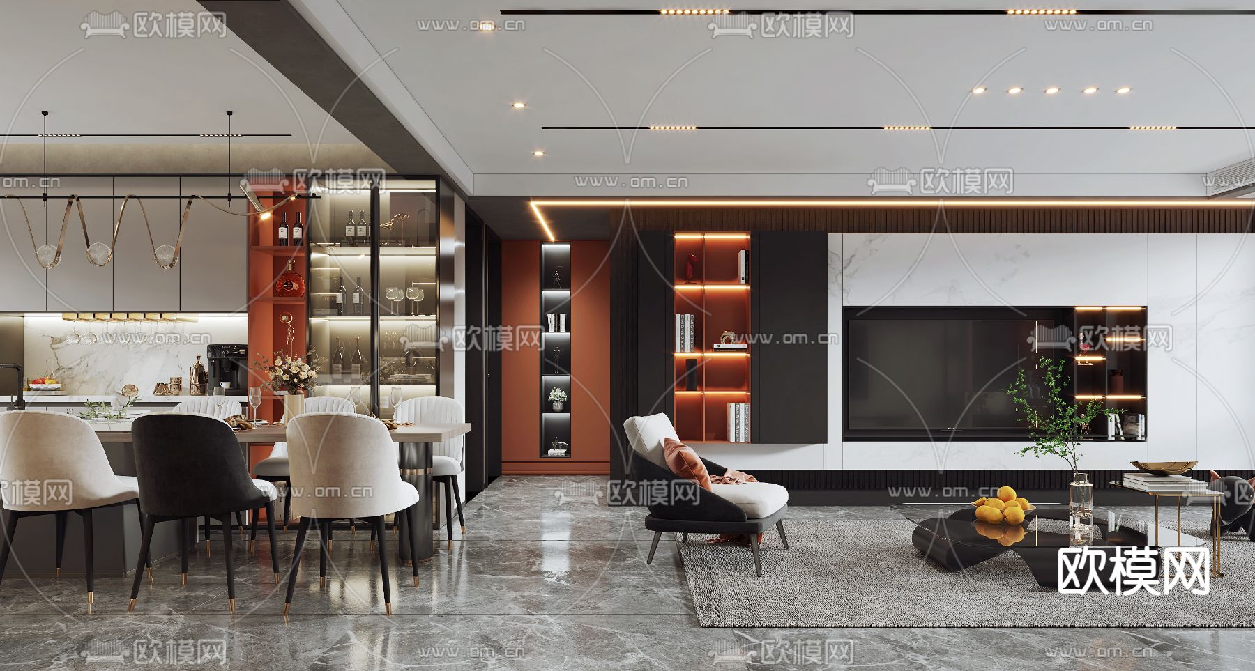现代轻奢客厅餐厅3d模型下载（渲染图2）
