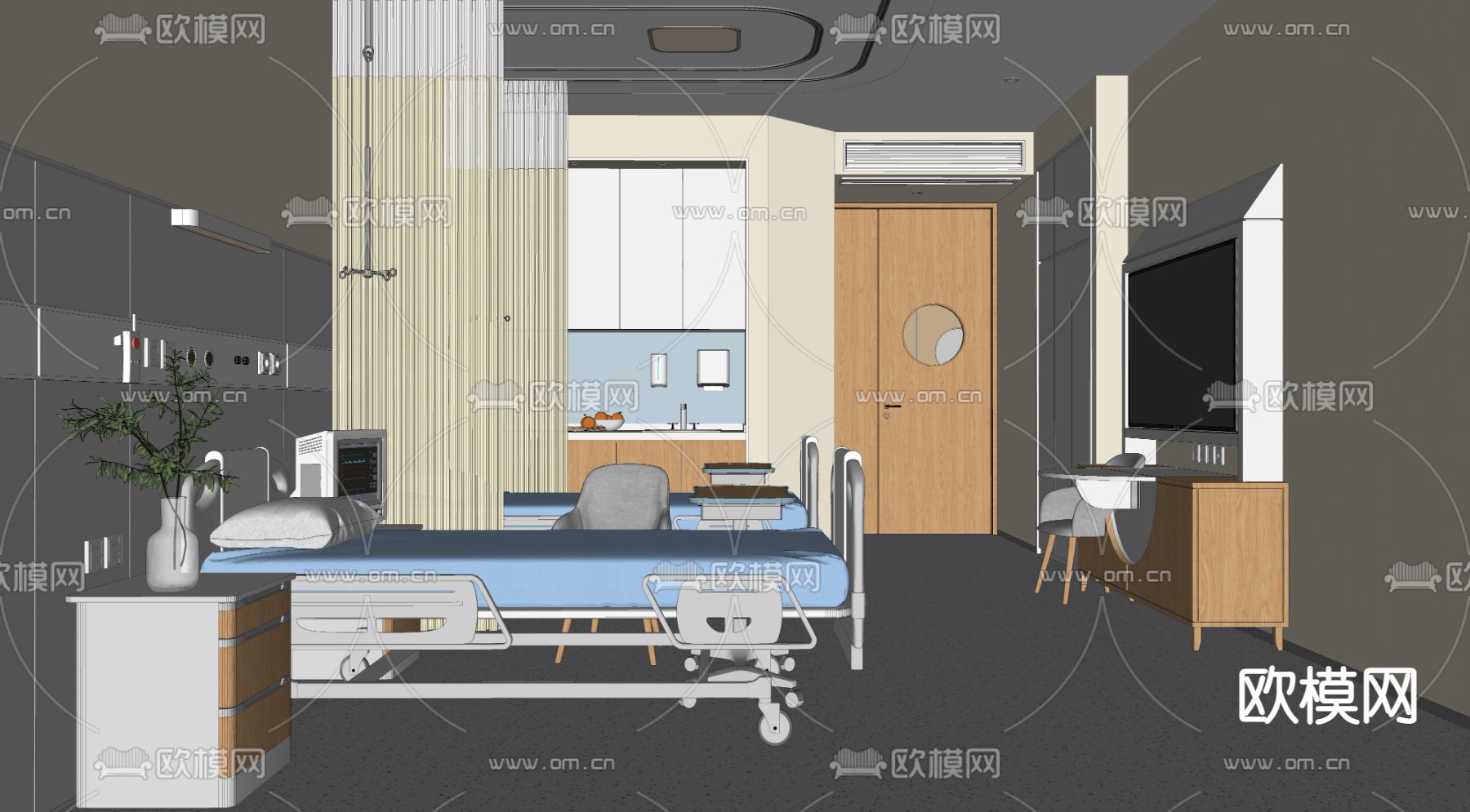 现代医院双人病房su模型下载（渲染图2）