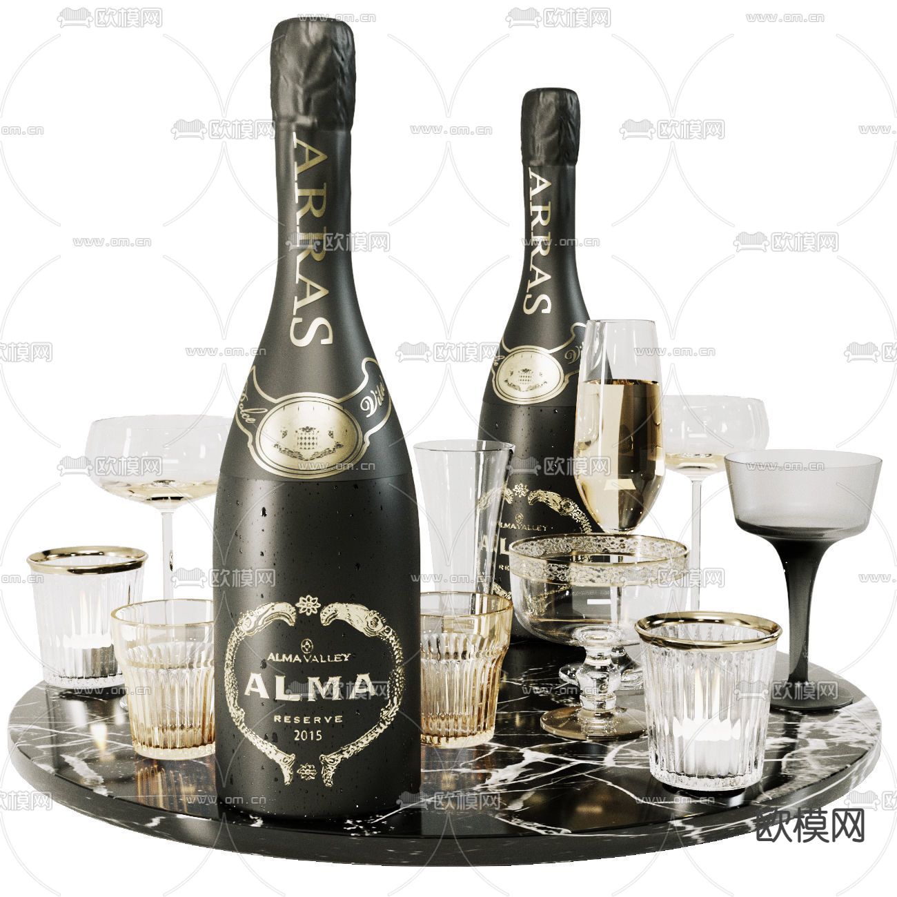 现代酒杯酒瓶洋酒3d模型