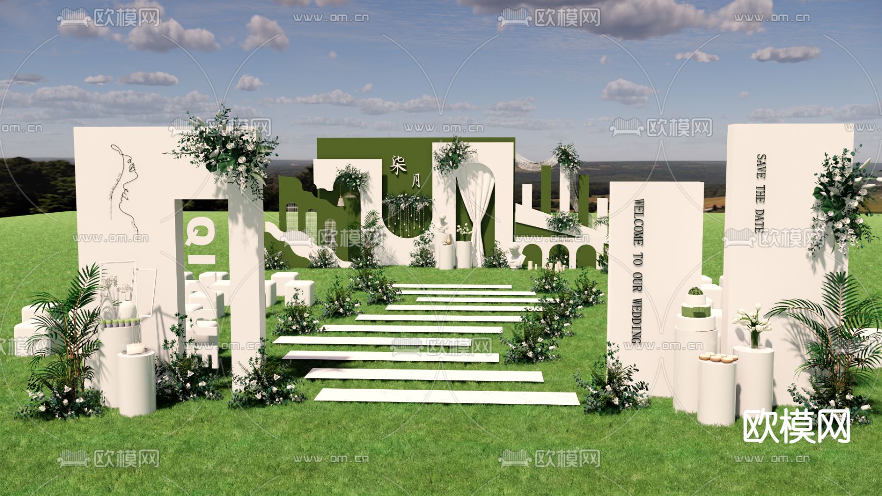 现代白绿色草坪婚礼su模型下载（渲染图1）