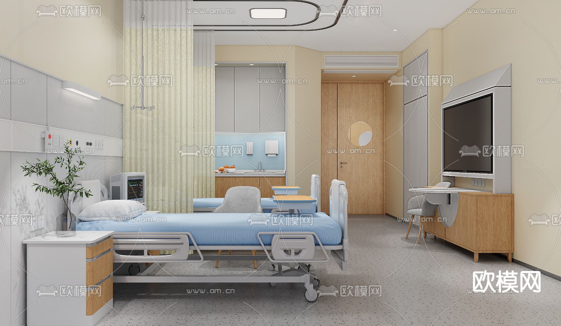 现代医院双人病房su模型下载（渲染图1）