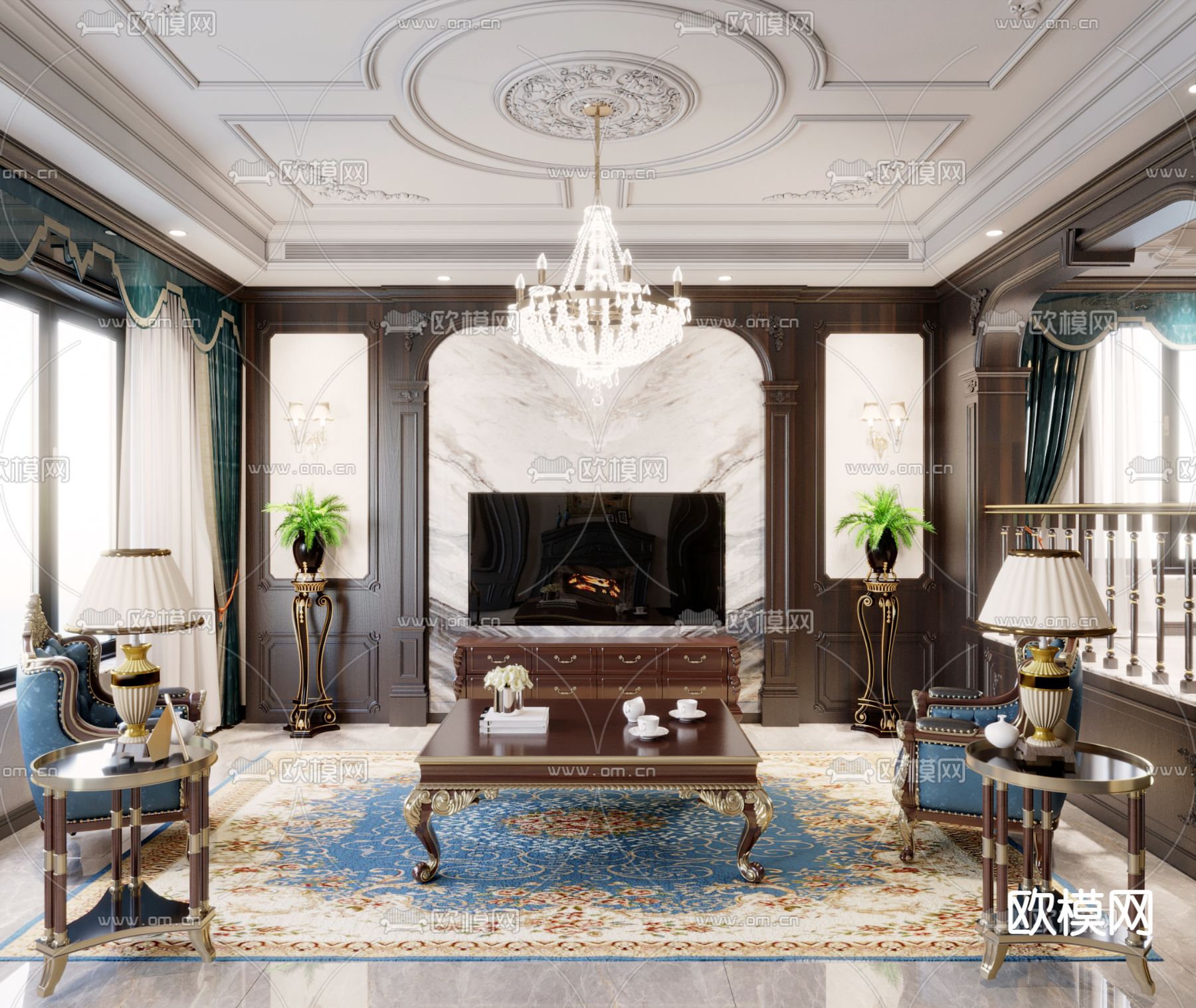 美式电视背景墙3d模型下载