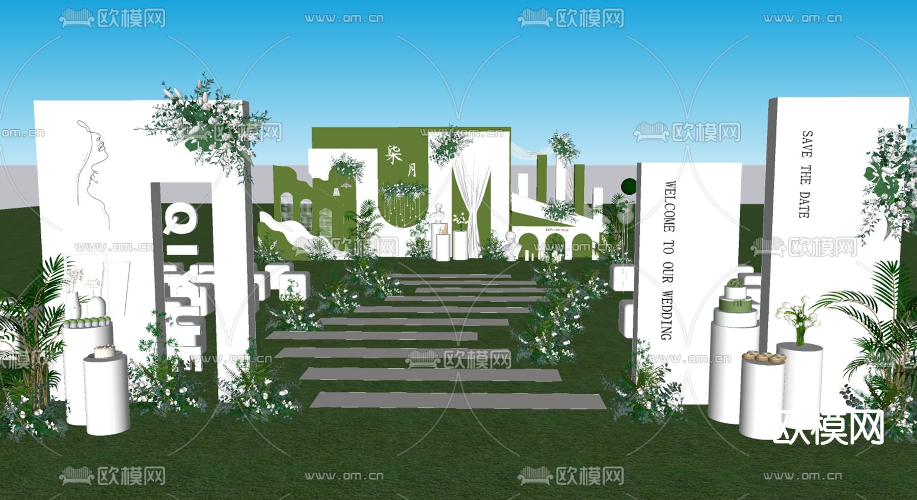 现代白绿色草坪婚礼su模型下载（渲染图4）