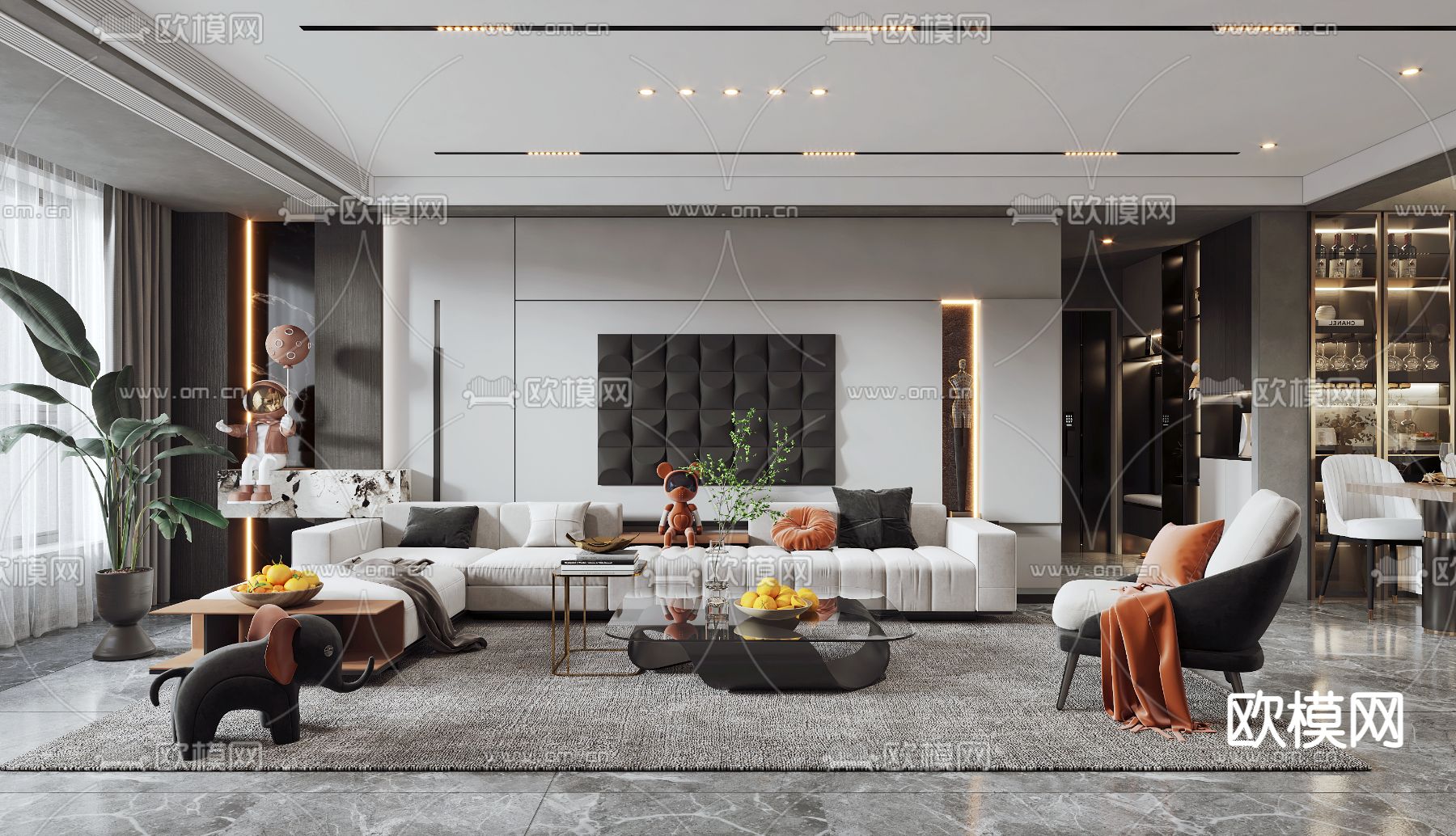 现代轻奢客厅餐厅3d模型下载（渲染图1）