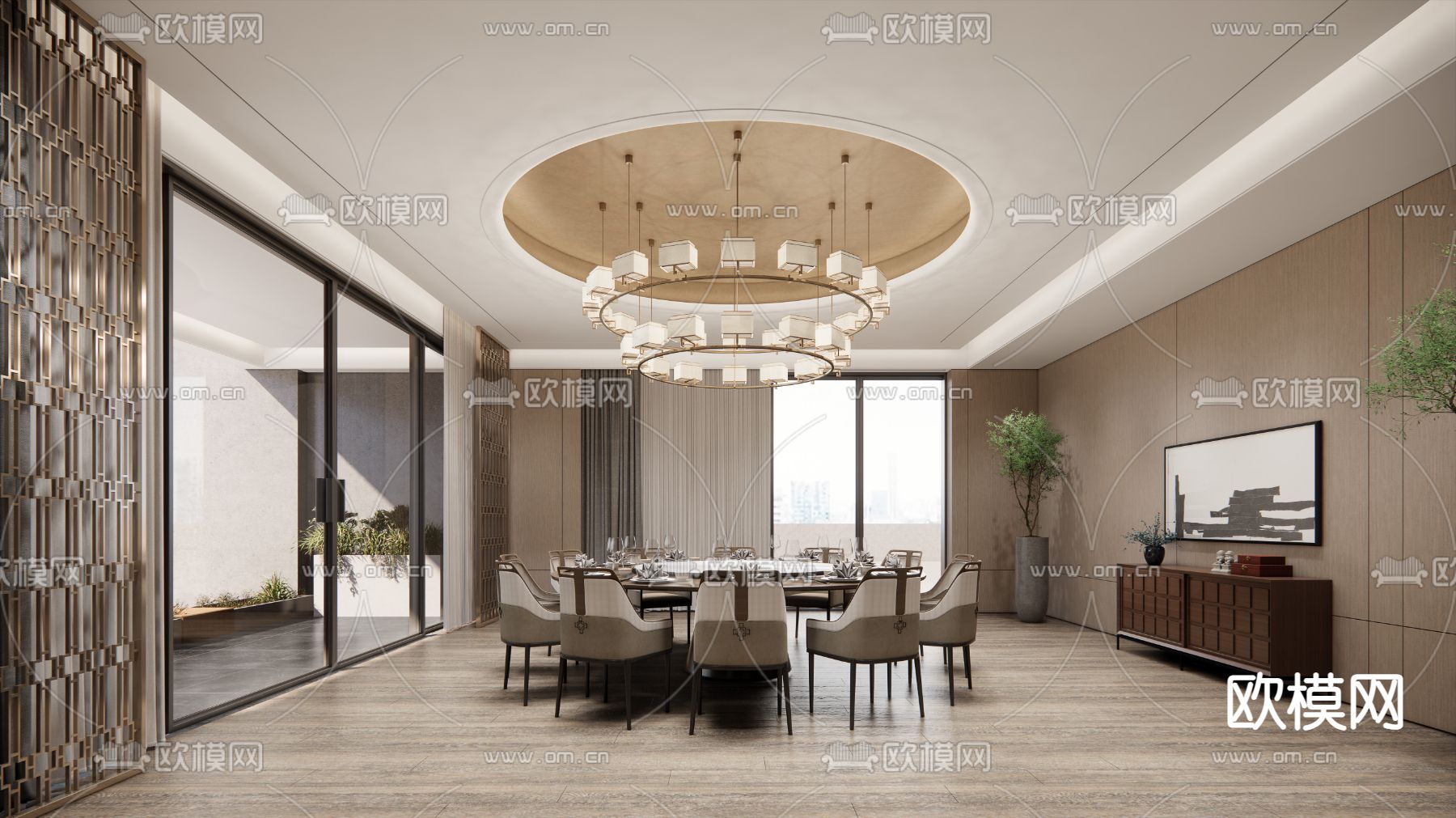 新中式餐厅包厢su模型下载（渲染图1）