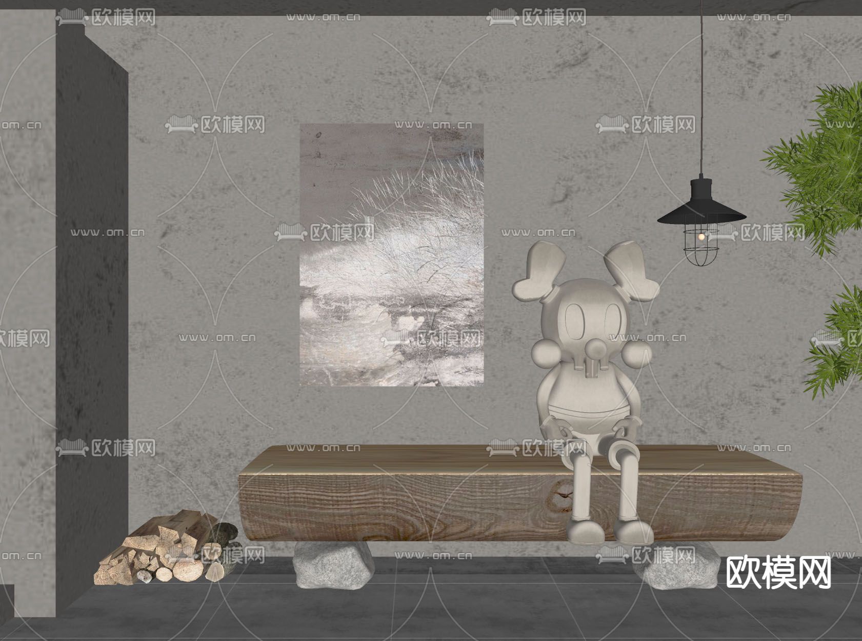 侘寂风长凳su模型下载（渲染图2）