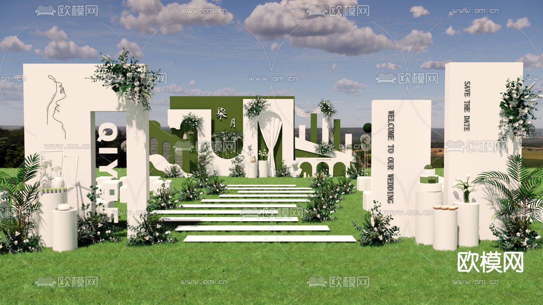 现代白绿色草坪婚礼su模型下载（渲染图2）