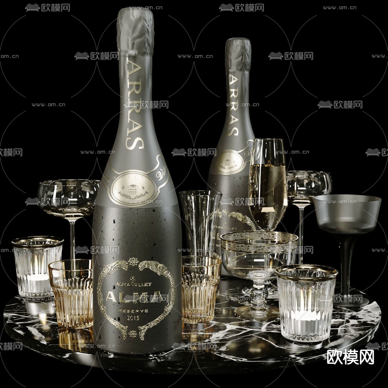现代酒杯酒瓶洋酒3d模型