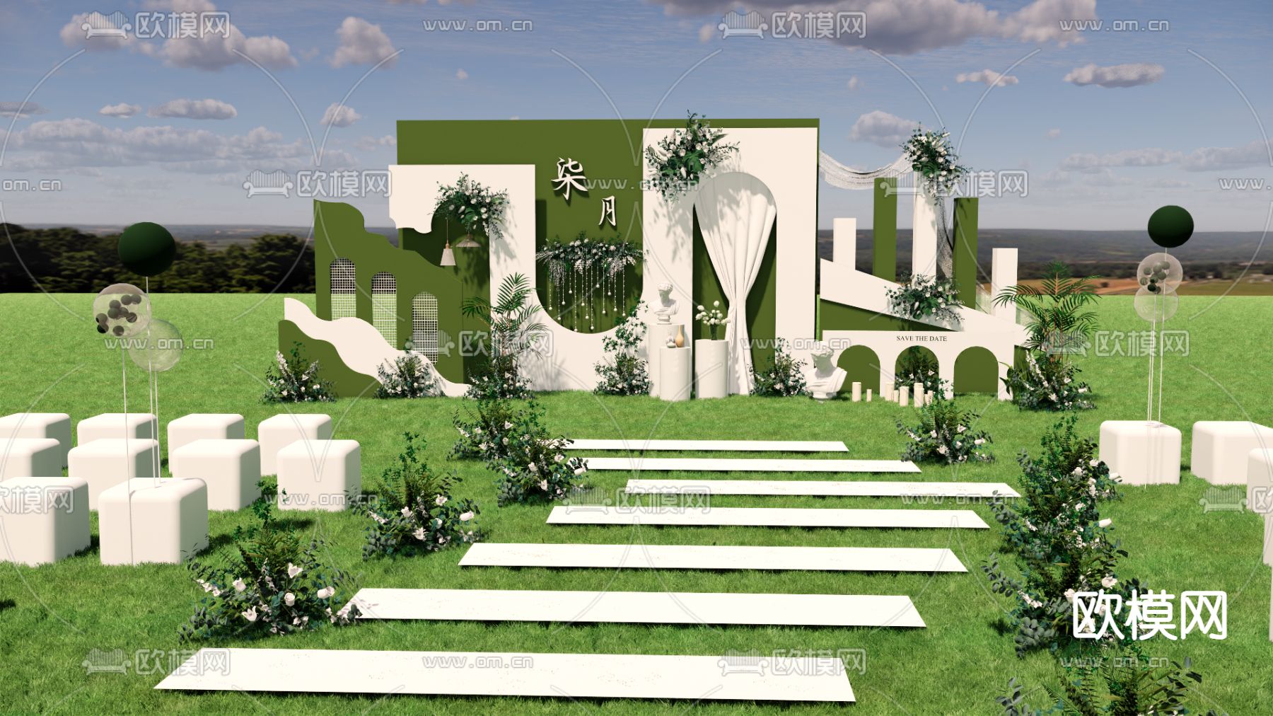 现代白绿色草坪婚礼su模型下载（渲染图3）