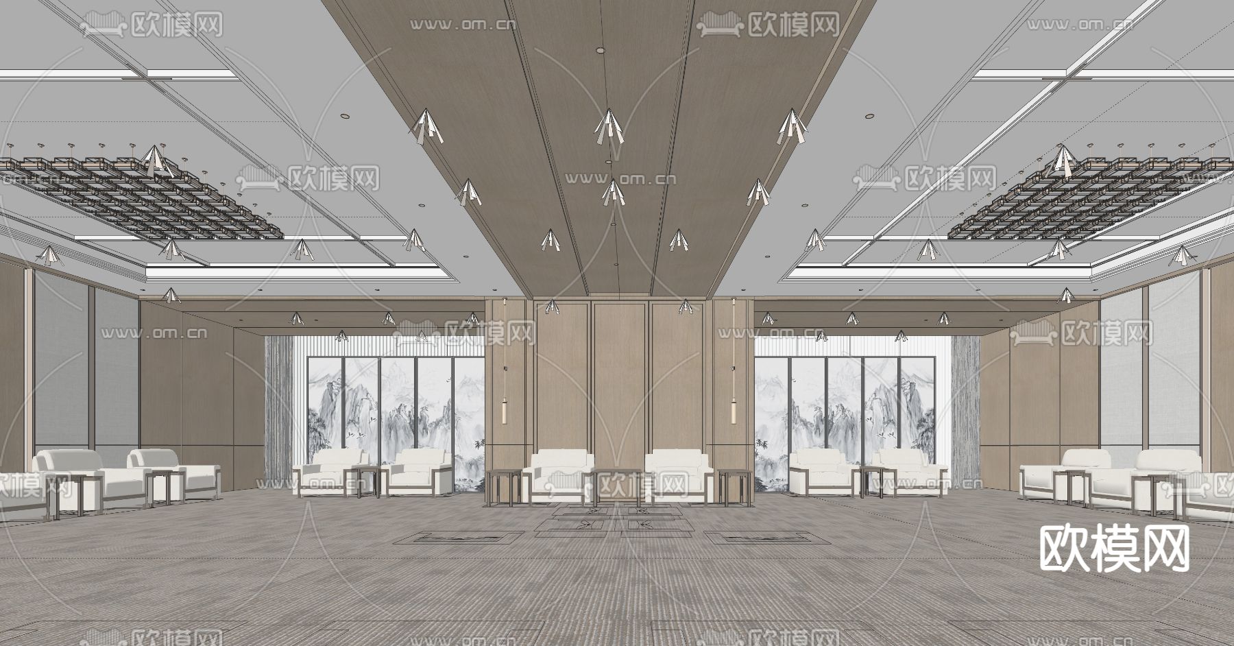 中式贵宾接待室su模型下载（渲染图2）