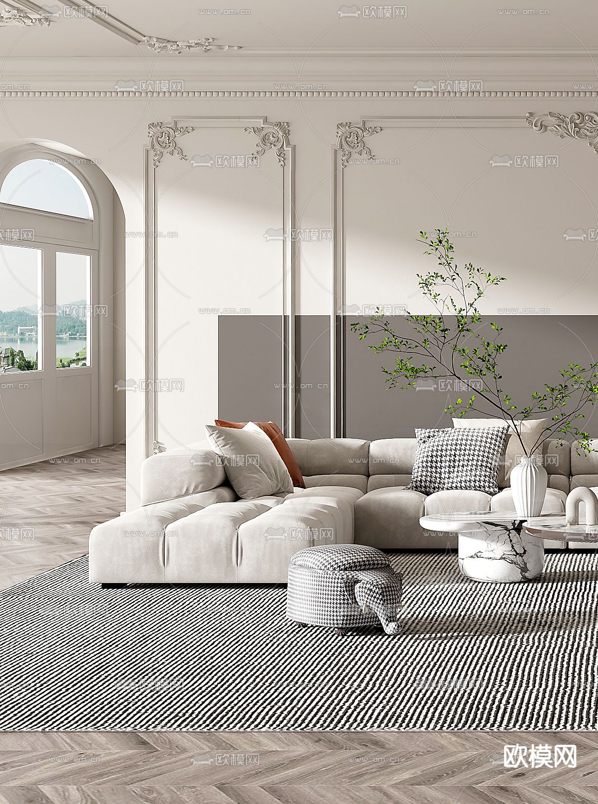 法式布艺转角沙发组合3d模型下载（渲染图2）