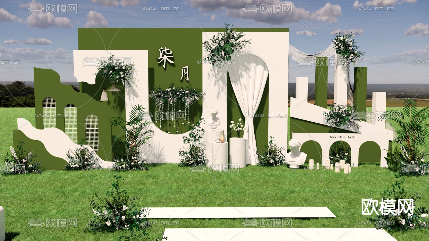 现代白绿色草坪婚礼su模型下载（渲染图5）