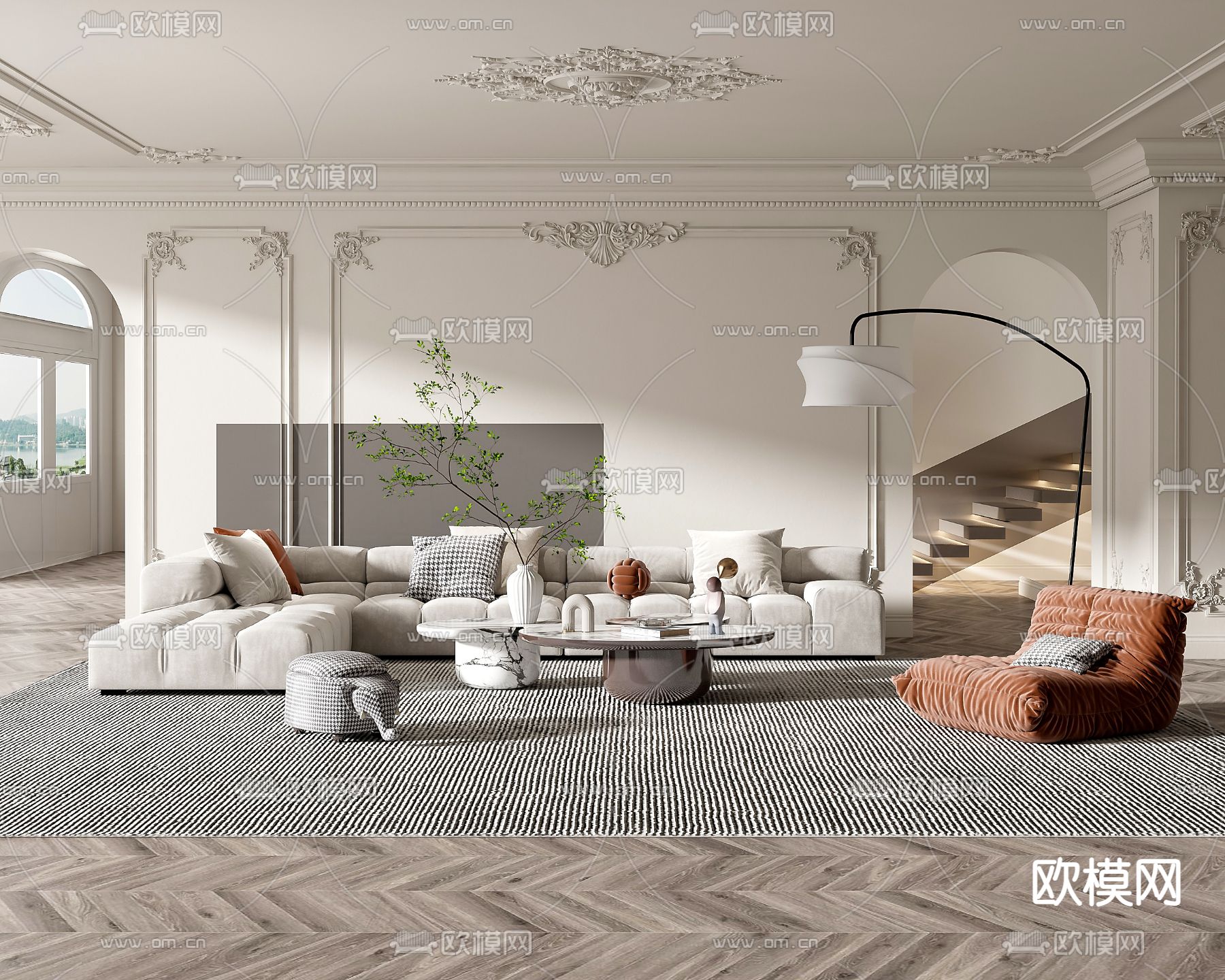 法式布艺转角沙发组合3d模型下载（渲染图1）