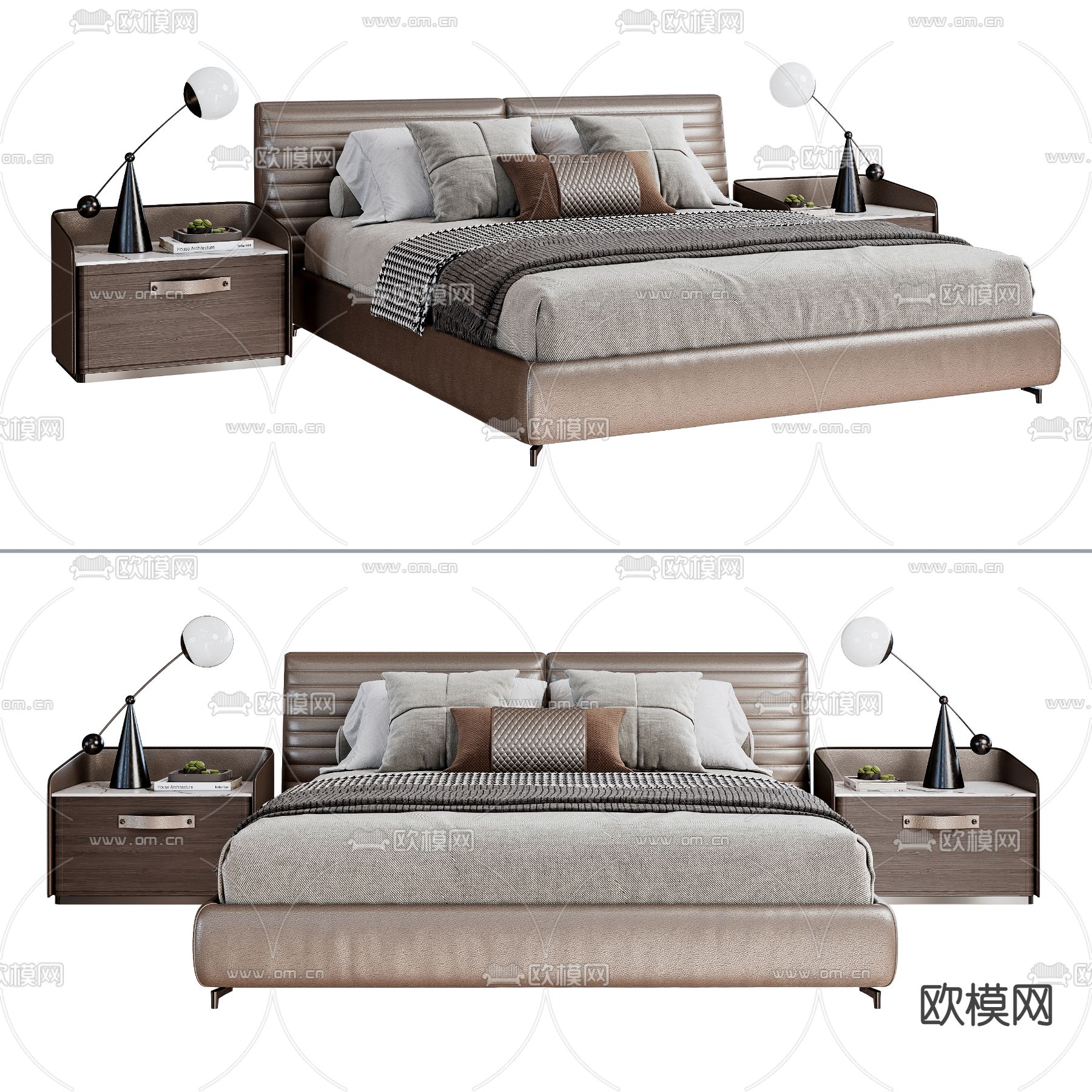 现代皮革双人床3d模型下载（渲染图1）