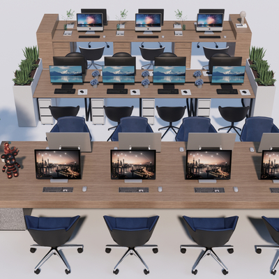  现代卡位办公桌椅su模型 