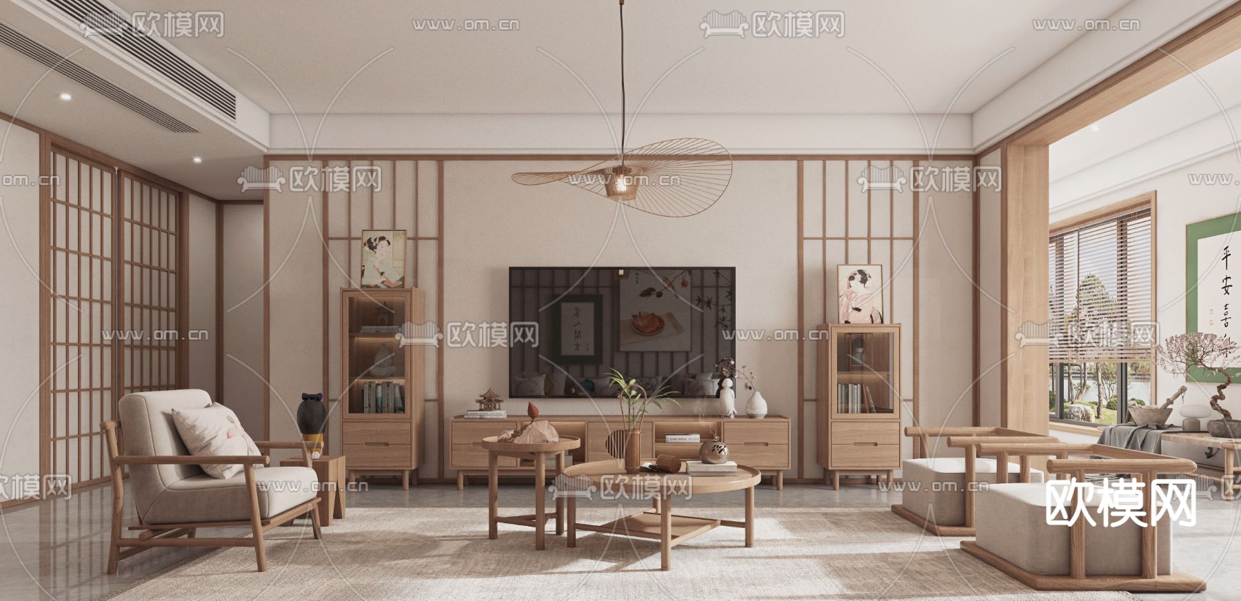 日式客厅餐厅3d模型下载（渲染图2）
