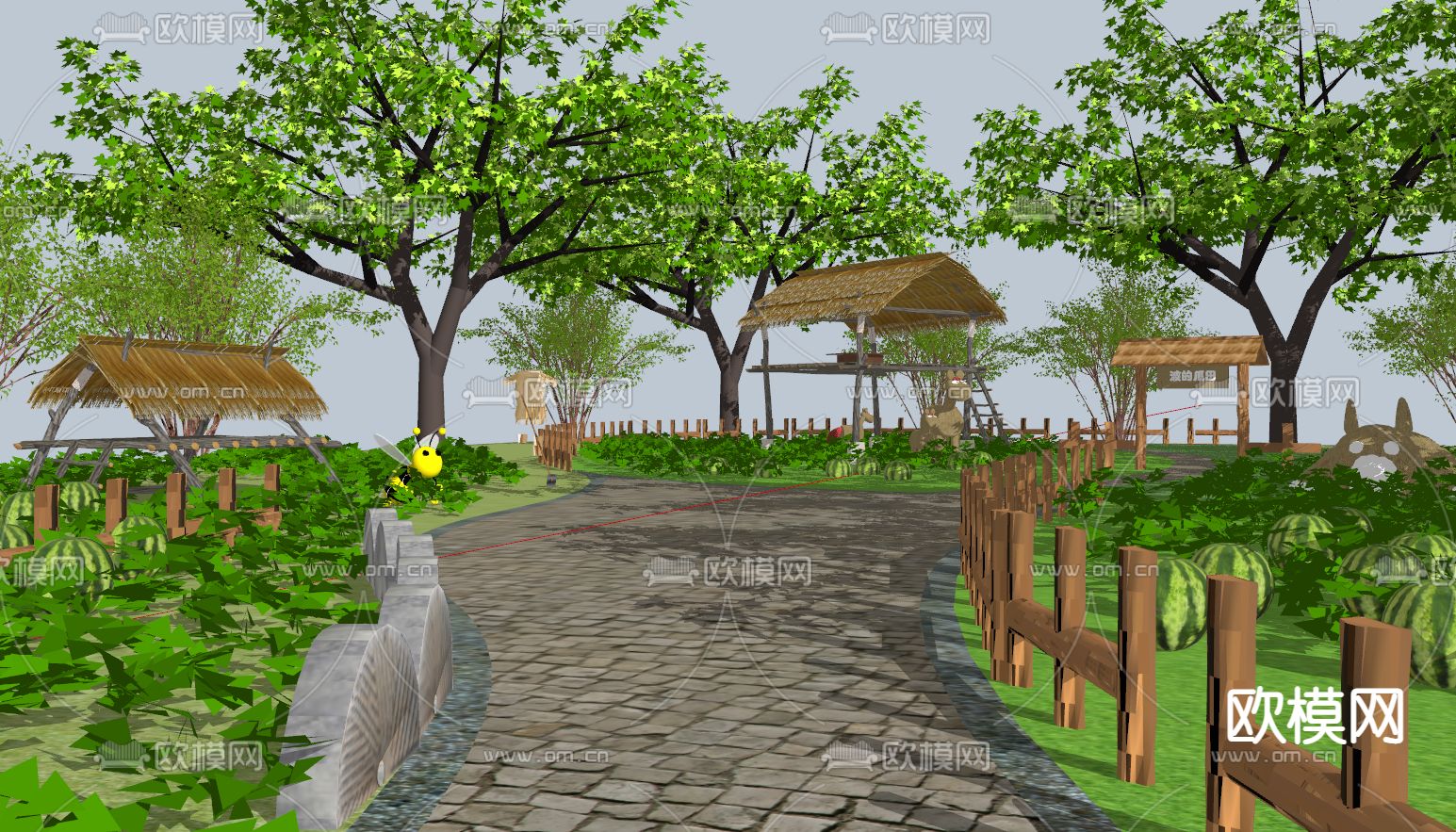 新中式乡村庭院景观su模型下载（渲染图3）