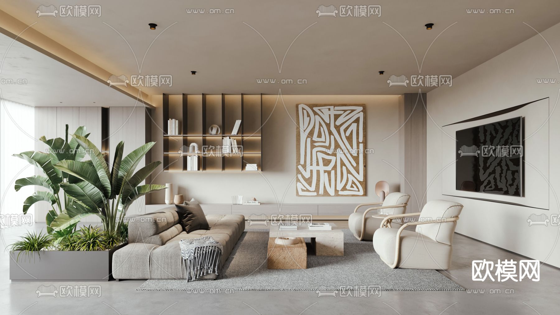 侘寂风布艺沙发组合3d模型下载（渲染图1）