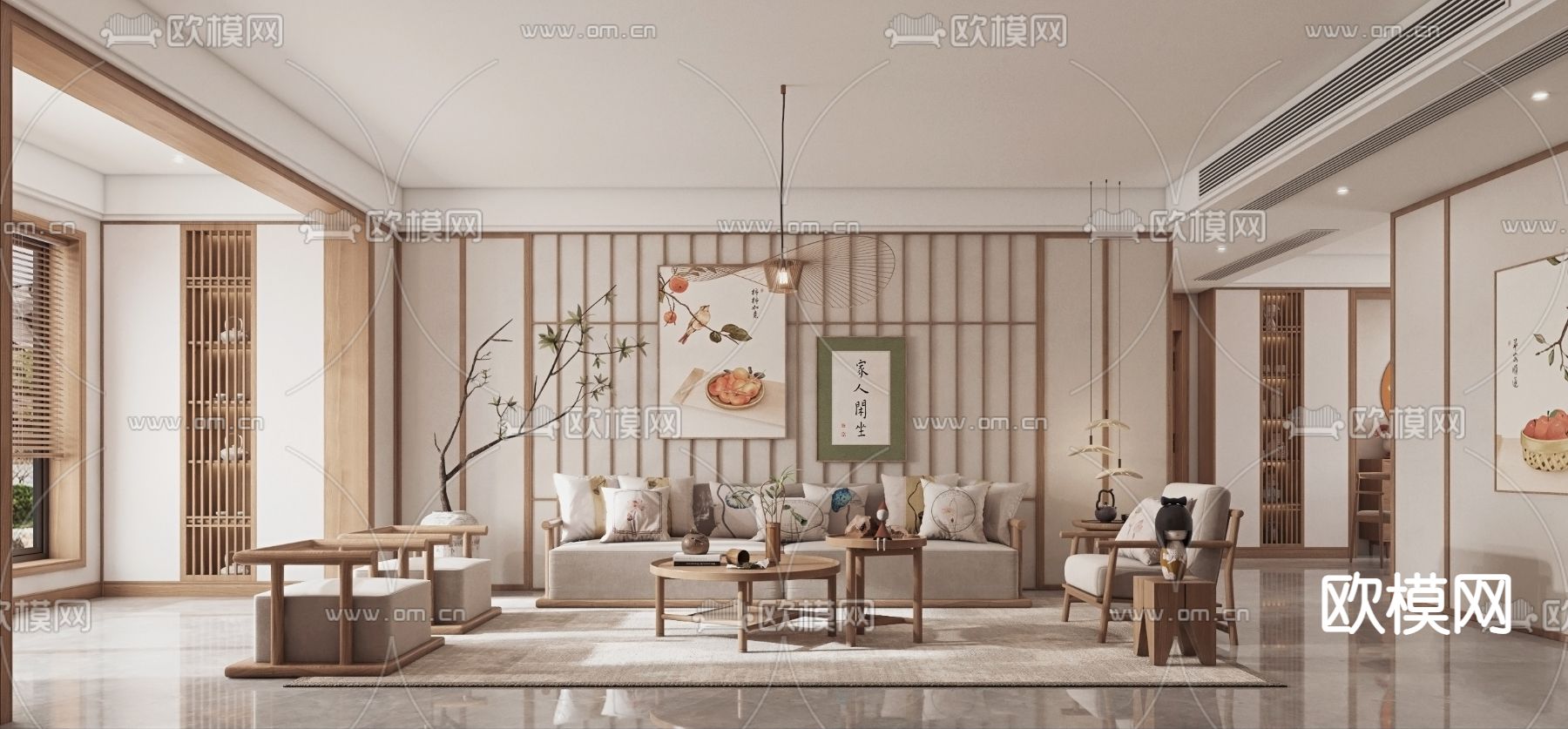 日式客厅餐厅3d模型下载（渲染图3）