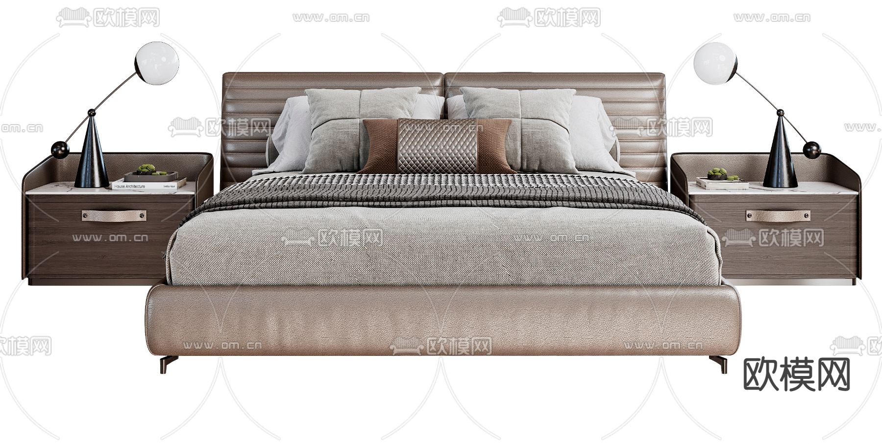 现代皮革双人床3d模型下载（渲染图2）