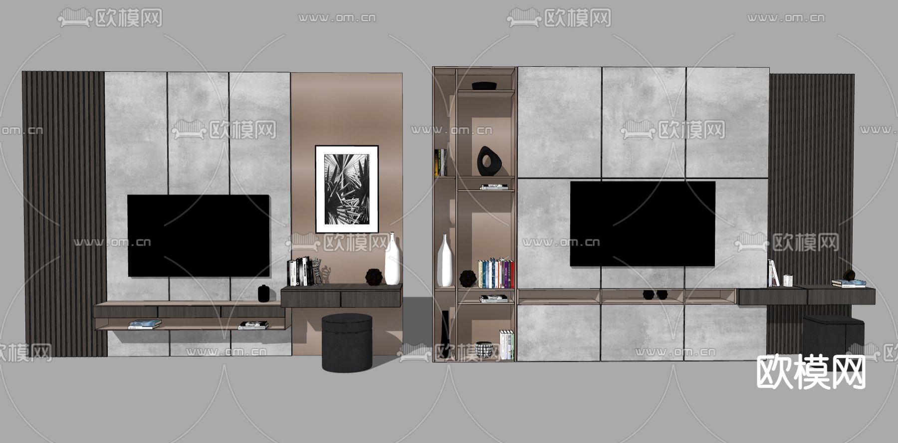 现代电视背景墙su模型下载（渲染图2）