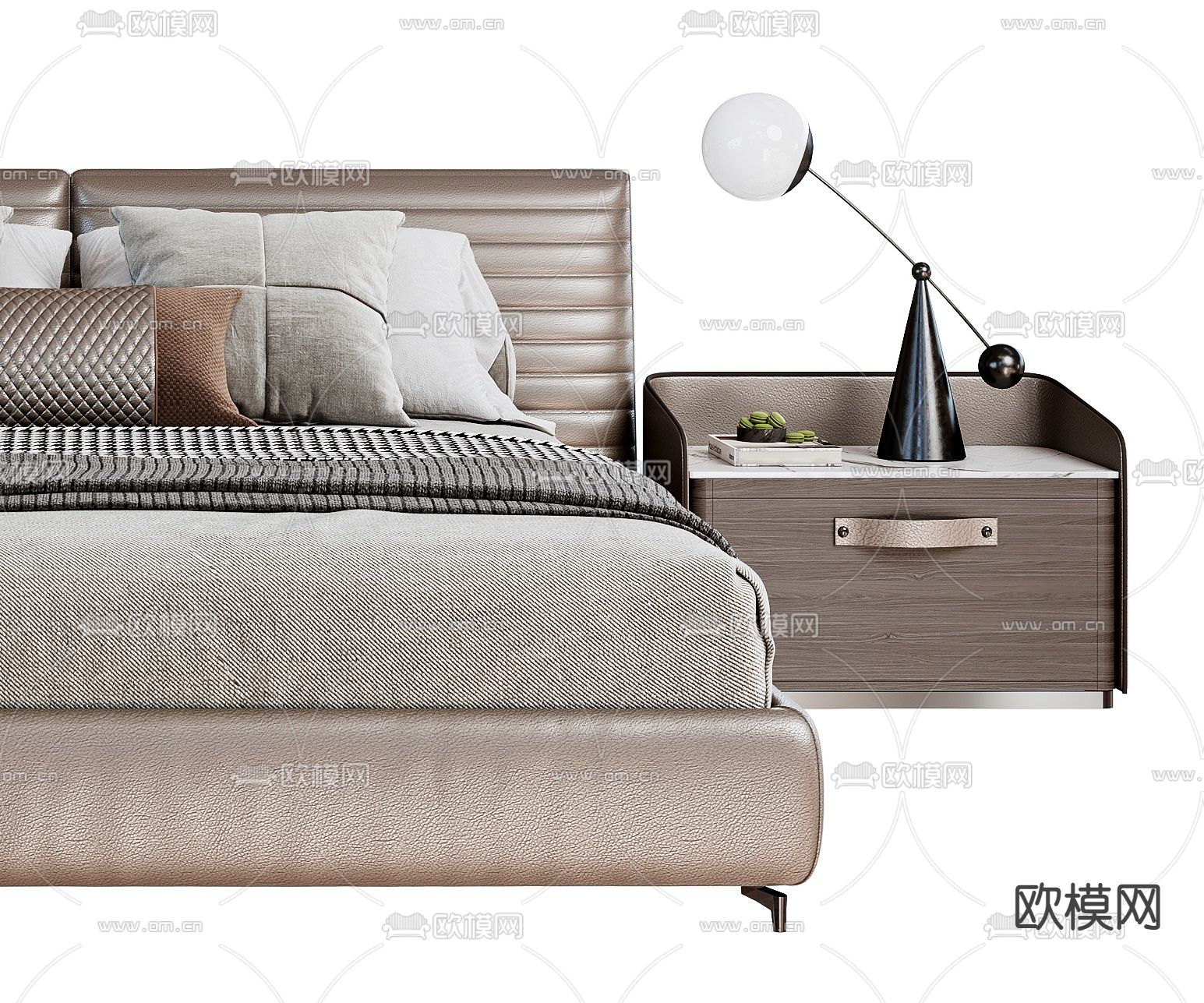 现代皮革双人床3d模型下载（渲染图4）