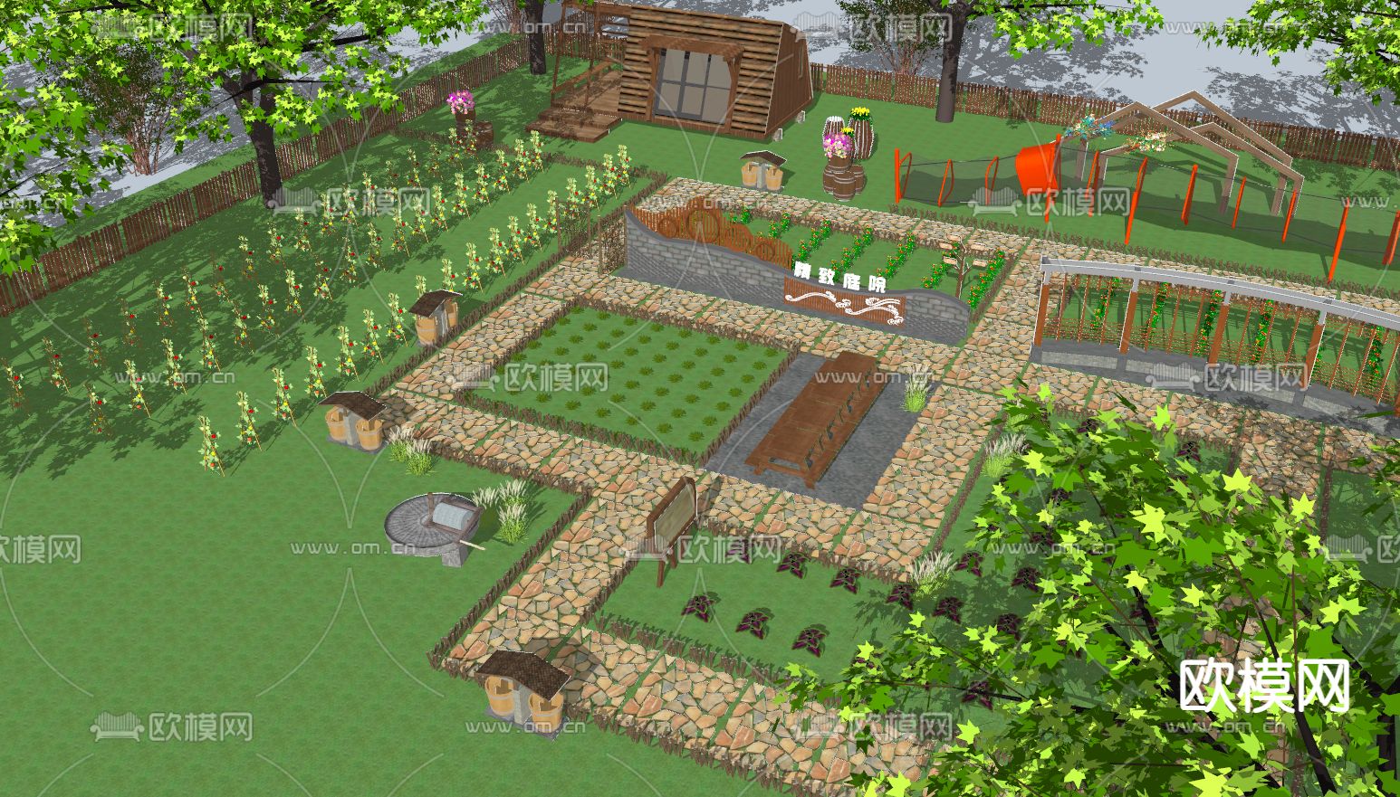 新中式乡村庭院景观su模型下载（渲染图2）