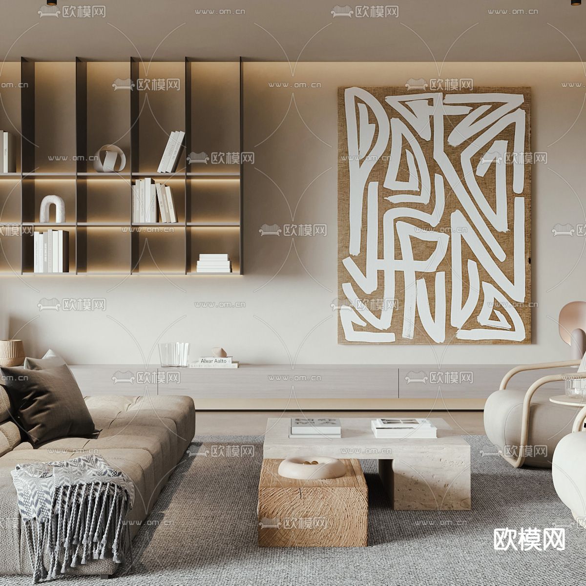 侘寂风布艺沙发组合3d模型下载（渲染图3）