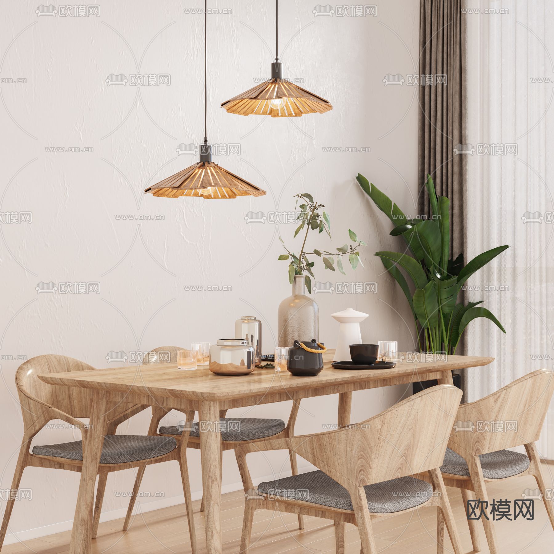 自然风实木吊灯3d模型下载（渲染图1）