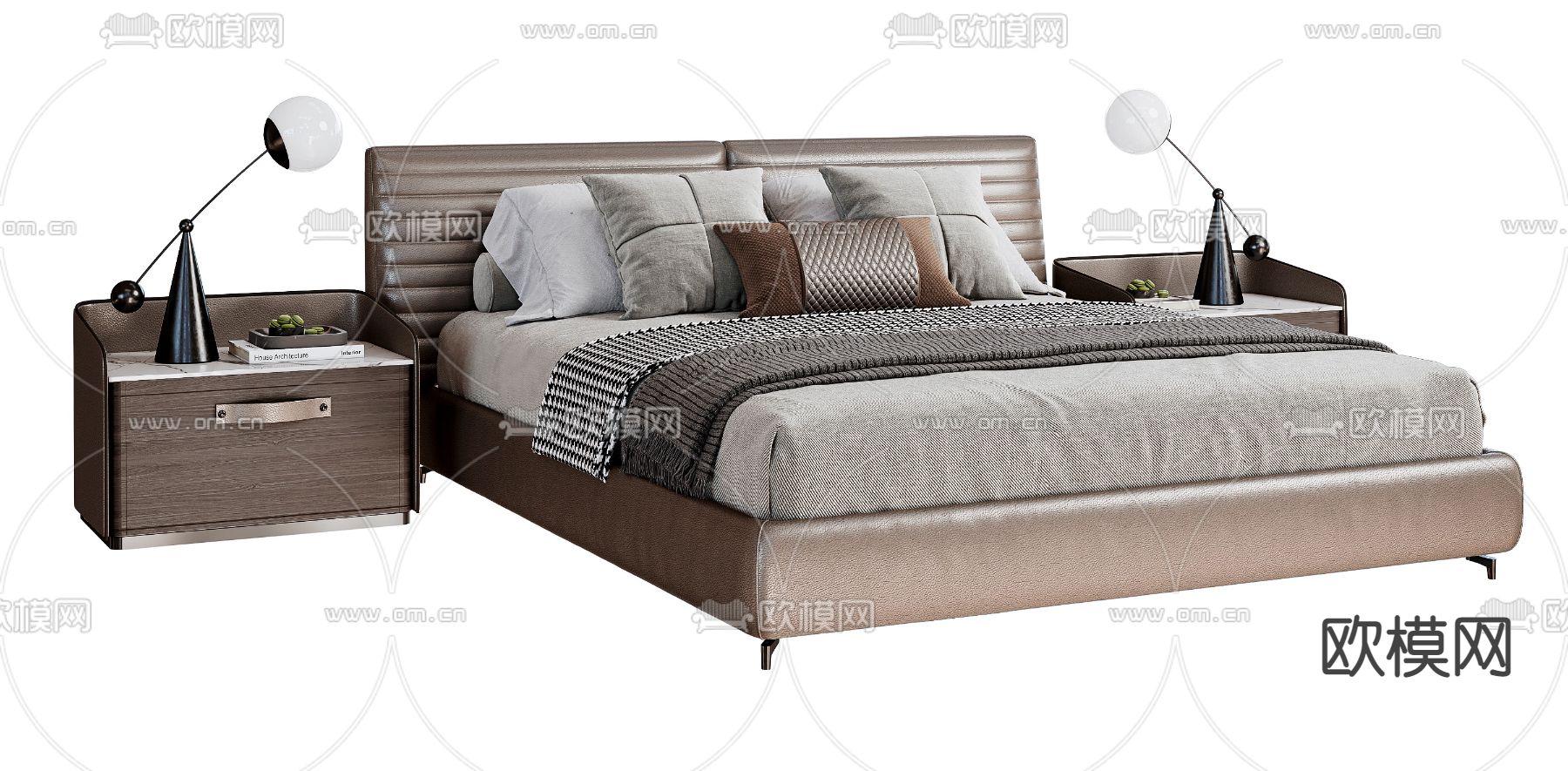 现代皮革双人床3d模型下载（渲染图3）