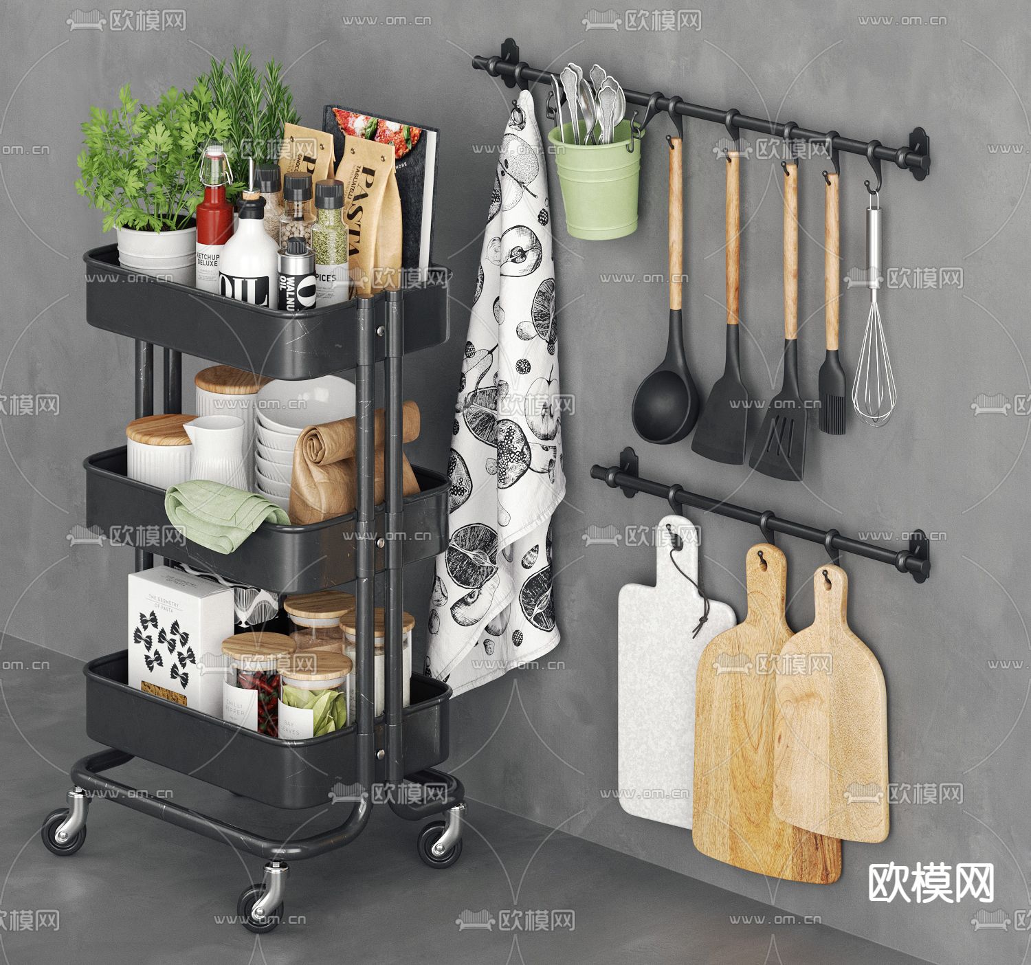 现代厨房摆件置物架3d模型下载（渲染图1）