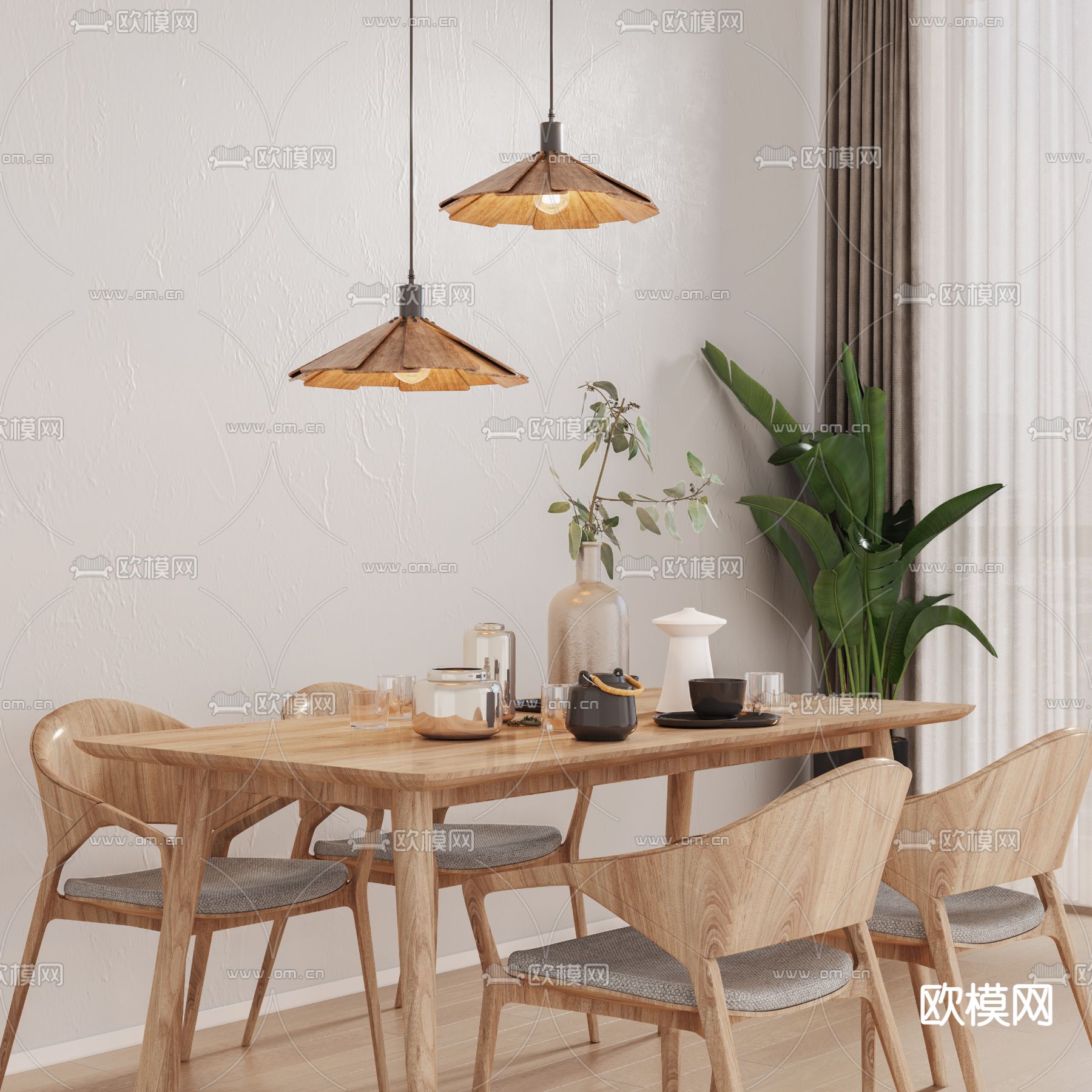 自然风实木吊灯3d模型下载（渲染图2）