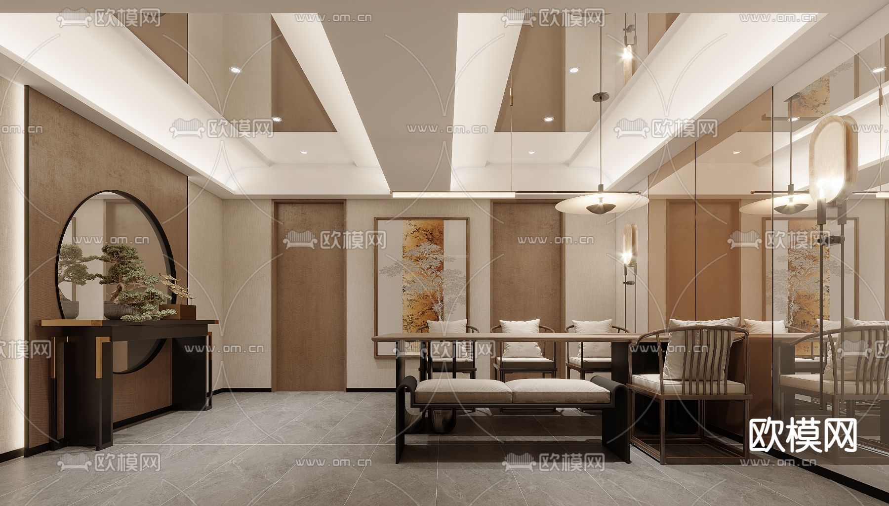 新中式茶楼茶室3d模型下载