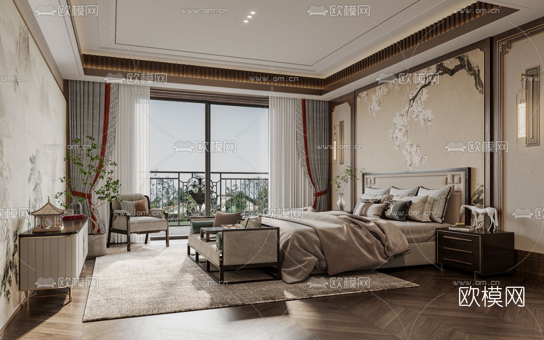 新中式轻奢卧室主人房3d模型下载_ID11848897_3dmax免费模型-欧模网