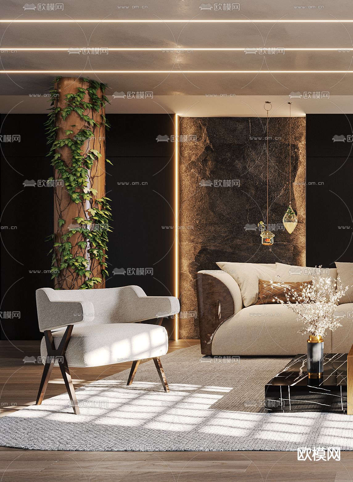 现代布艺沙发组合3d模型下载（渲染图2）