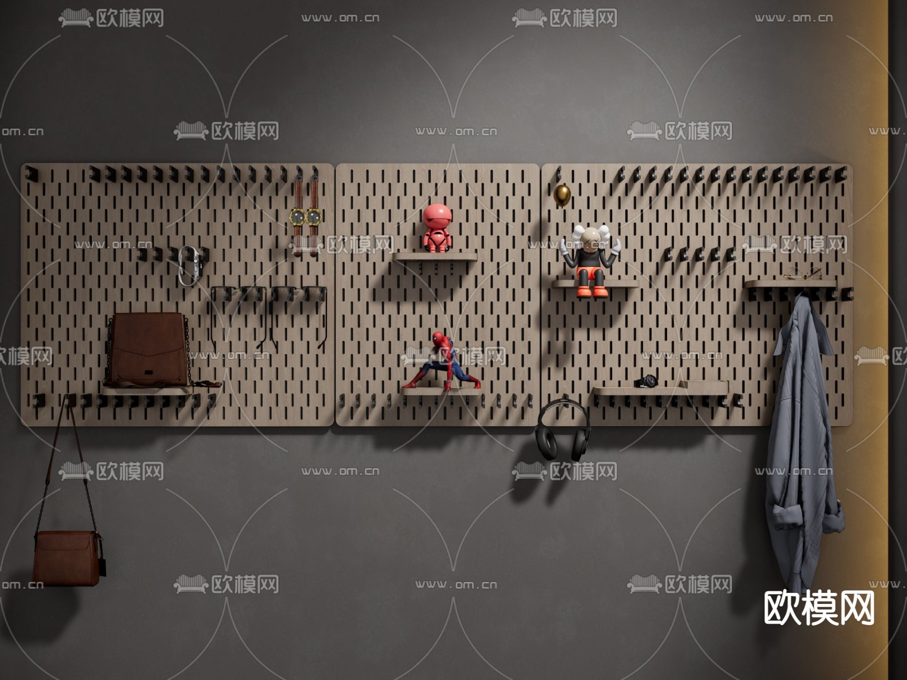 现代衣帽架洞洞板墙饰su模型下载（渲染图1）