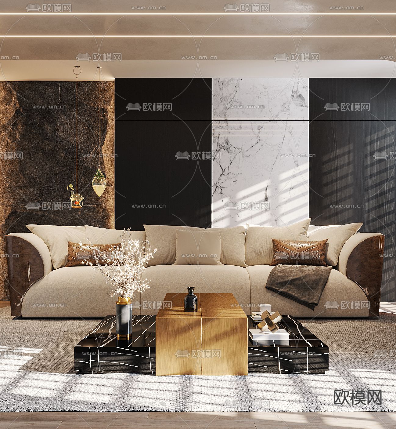 现代布艺沙发组合3d模型下载（渲染图3）