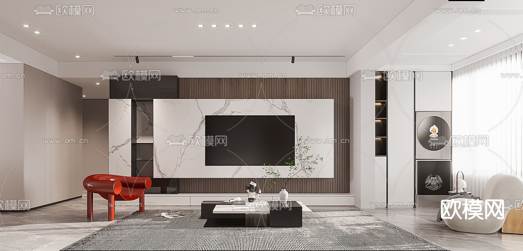 现代轻奢客厅餐厅3d模型下载（渲染图2）