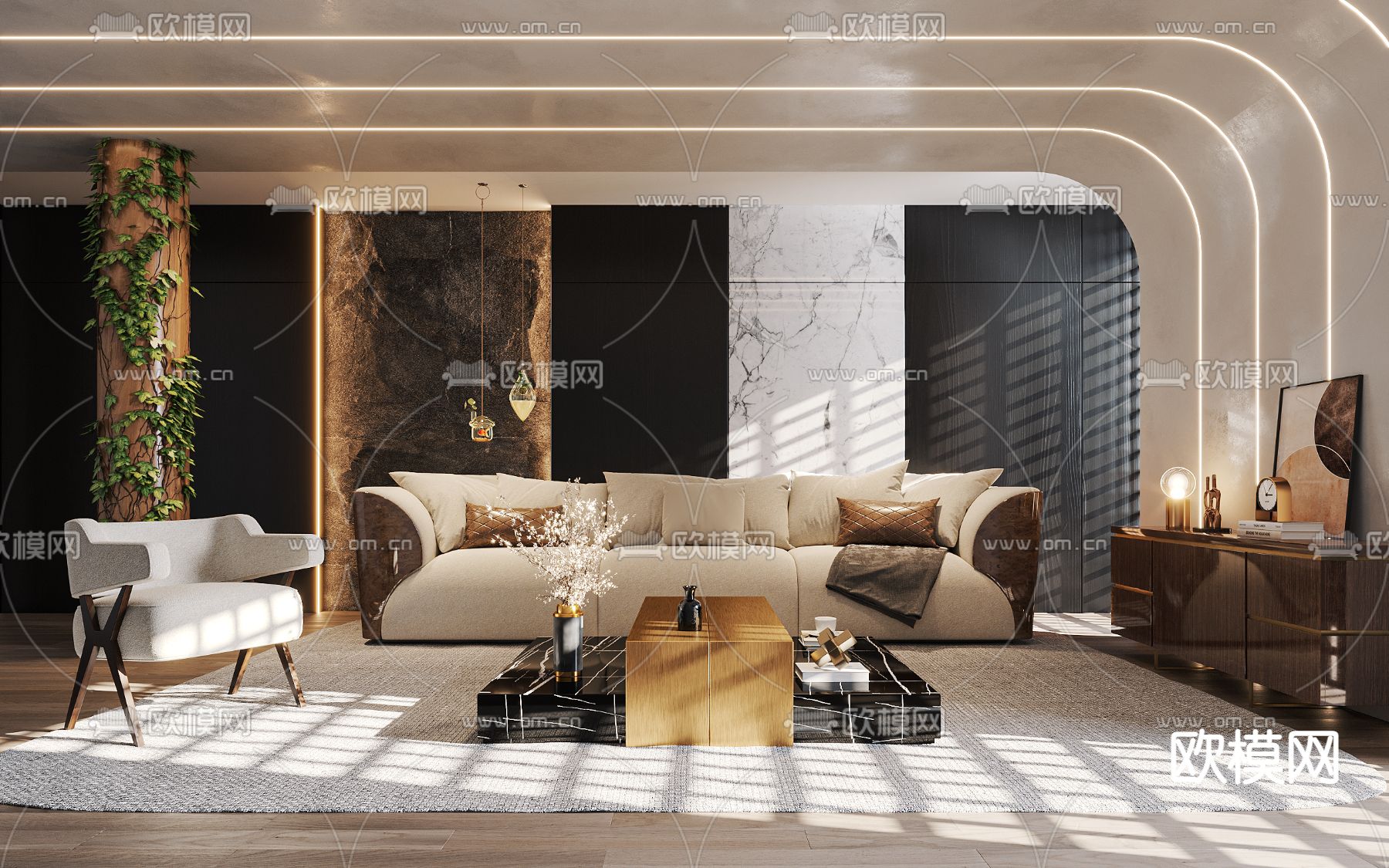 现代布艺沙发组合3d模型下载（渲染图1）