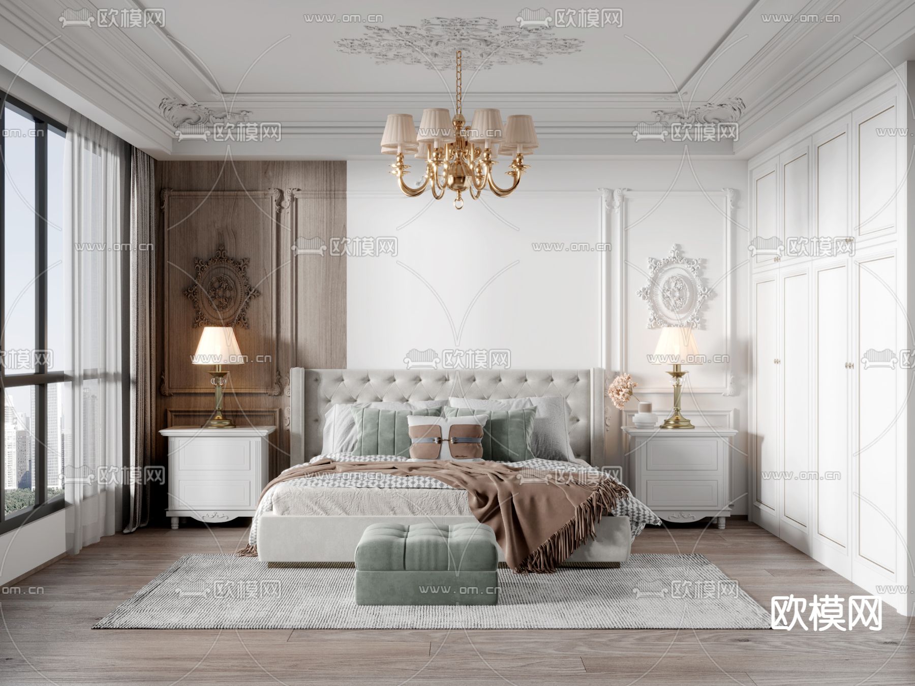 简欧卧室主人房3d模型下载（渲染图1）
