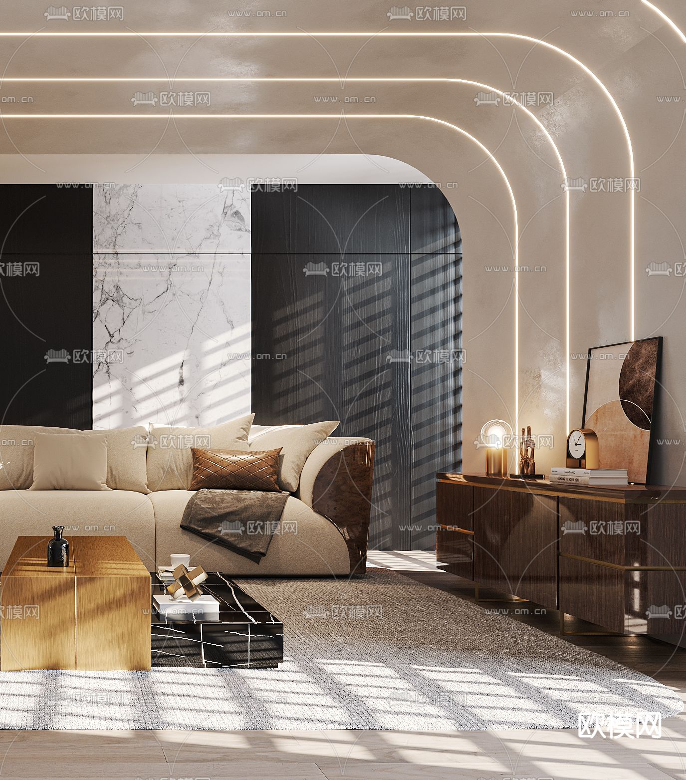 现代布艺沙发组合3d模型下载（渲染图4）